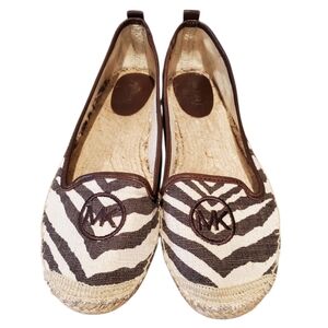 Michael Kors Logo Keli "Tiger" Brown Espadrille Printed Canvas Flats Size 10 NIB